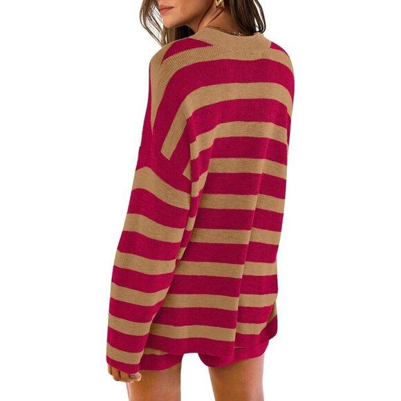 Women Red Sweater Set 2 Piece Outfits Shorts Athleisure Lounge Wear Fall Fashion - Picture 4 of 5